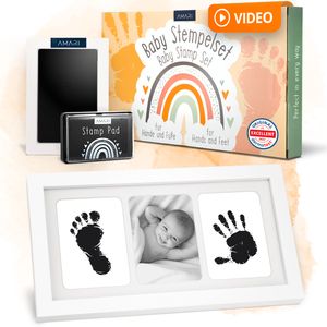AMARI ® Baby Handabdruck und Fußabdruck Set inkl. 2 Stempelkissen und 4 Druckkarten - Ideales Baby Geschenk zur Geburt - Hand und Fuß Abdruck mit Bild