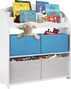 ONVAYA® Kinder Bücherregal Finn | Weiß / Blau | Kinderregal mit Boxen | Aufbewahrung von Büchern und Spielzeug | Organizer für Kinderzimmer