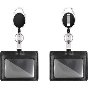 2pcs Leder Ausweishülle mit Ausweis Jojo Kartenhalter Jojo mit Retractable Badge Reel und Clip für Schlüsselanhänger (Schwarz)