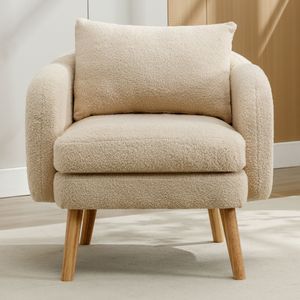 Schlichter Teddy-Samt-Sessel Kissen extra dicker Kissen-Sessel einzelner Sofa-Sessel gepolsterter Sessel Freizeit-Stuhl Massivholz Beinstuhl Beige