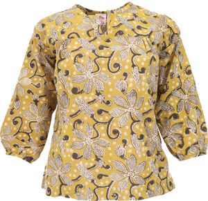 Leichte Baumwollbluse, Boho Schlupfbluse mit V-Ausschnitt - Gelb, Damen, Baumwolle, Größe: L