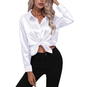 Damen Bluse Elegant Satin Langarm Business Oberteile Weiche Tunika Lässige Hemdbluse Weiß,Größe:EU XL