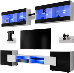 Extreme Furniture Vision | Nábytek Do Obývacího Pokoje S Tv Skříňkou, 2 Vitrínami A 2 Policemi Bílý Korpus A Černá Čela