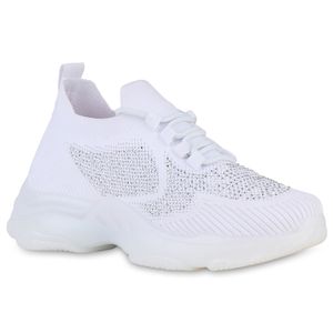 VAN HILL Damen Plateau Sneaker Strass Schnürer Strick Profil-Sohle Schuhe 840258, Farbe: Weiß, Größe: 37