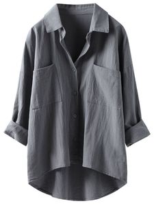 Damen Blusen Sommer T-Shirt Lagen Hals Hemden Casual Tops Loose Button Down Bluse Grau,Größe M