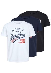 JACK&JONES Herren T-Shirt, 3er Pack - JJETHAN TEE CREW NECK, Vintage Logo, Baumwolle Weiß/Marineblau/Schwarz XL