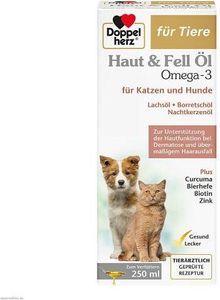 Doppelherz Haut & Fell Öl Omega 3 für Katzen + Hunde zur Unterstützung der Hautfunktion bei Dermatose und übermäßigem Haarausfall, 250 ml Lösung