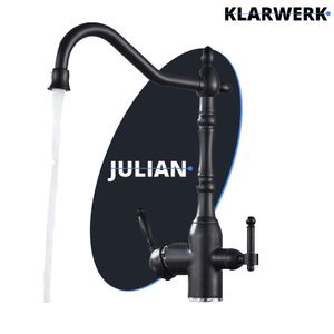 Julian | Vintage 3 Wege Schwarz matt Filtermatur | Gastronomie Edelstahl Osmose Wasserhahn Küche | Mischbatterie Retro 360° Filter 3 Anschlüsse