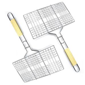 2 x Grillguthalter mit Holzgriff | BBQ Grillkorb für Fischgemüse Steak Garnelenkoteletts | 33,5 x 20cm Grillgitter aus Metall | Gemüsekorb Burger Grillwender | Grilling Basket | Grill Rost zum Grillen