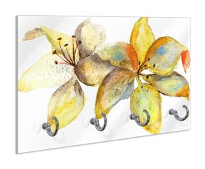 Wallario Schlüsselbrett aus Glas, Motiv: Aquarell von gelben Lilien, 30 x 20 cm mit 4 Haken