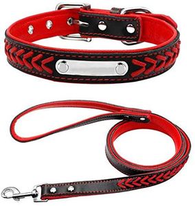 Weich geflochtenes Hundehalsband Leder, Halsband Hund mit Hundemarke und Leine ca. 120 cm. M (Rot)