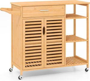 COSTWAY Küchenwagen Bambus, Küchenschrank, Rollwagen mit Schublade, offenen Regalen, Handtuchhalter, 2 Lattentüren & Rollen 104x40x89cm Natur