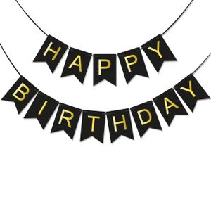 BRUBAKER Happy Birthday - narozeninový řetěz Pennant Chain Black Gold - Party Banner 5 metrů - narozeninová dekorace girlanda pro narozeninový stůl a výzdobu