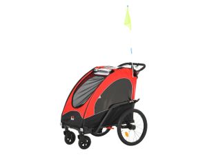 HOMCOM 3 in 1 Kinderanhänger Aluminium Kinder Jogger Fahrradanhänger Radanhänger für 2 kinder mit Fahne Rot+Schwarz 150 x 85 x 107 cm