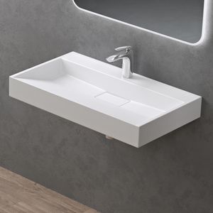 doporro Waschbecken Aufsatzwaschbecken Mineralguss Hängewaschbecken Waschtisch matt weiß 80x46x11cm mit Armaturloch inkl. Ablaufgarnitur Colossum19
