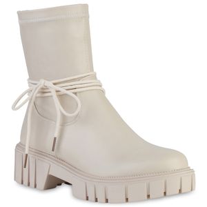 VAN HILL Damen Plateau Boots Stiefeletten Blockabsatz Profil-Sohle Schuhe 838153, Farbe: Beige, Größe: 38