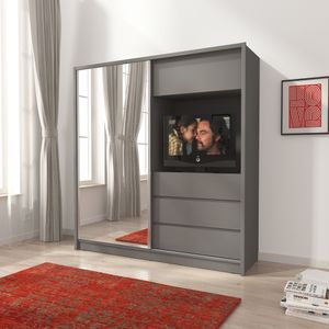 Furniture24 Schwebetürenschrank Tv 200, Kleiderschrank, Media Schrank, Schlafzimmerschrank mit Spiegel, Kleiderstange, 3 Schubladen und Tv Fach Graphite, 204 cm breit