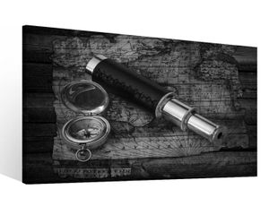Leinwand 1Tlg XXL Kompass Schatzkarte Teleskop Karte alt Schwarz weiß Leinwandbild Bilder Bild Wandbild Holz 9S682, XL 1Tlg BxH:100cmx60cm