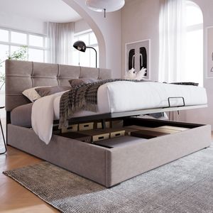 Flieks Čalúnená posteľ 140x200 cm, Hydraulická posteľ Boxspring s úložným priestorom a lamelovým rámom, Manželská posteľ s úložným priestorom Posteľ pre mladých Borovicová funkčná posteľ Velvet