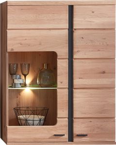 Hängevitrine mit Esche Massivholzfront und LED-Beleuchtung STAVEN-36 mit Absetzungen in schwarz matt, B/H/T ca. 90/120/38 cm