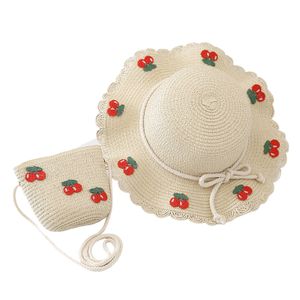 Kirschdekor Spitzenbesatz Hut mit breiter Krempe, Taschenset für Babys, atmungsaktiver Strohhut, Handtasche, Kleidungszubehör, Beige