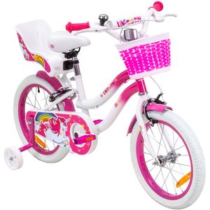 Actionbikes Kinderfahrrad Unicorn 16 Zoll | Kinder Fahrrad - V-Brake Bremsen - Kettenschutz - Fahrradständer - 6-9 Jahre (Pink)