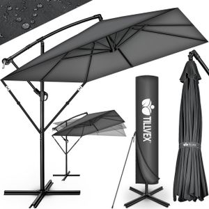 tillvex® Prostokątny parasol aluminiowy Ø 330 cm antracyt + pokrowiec z korbką | Kwadratowy parasol wspornikowy ze stojakiem i wiatrochronem | Aluminiowy parasol ogrodowy z ochroną UV | Parasol z korbką Wodoodporny parasol obracany o 360