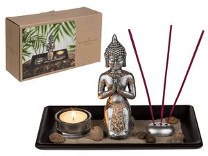 Buddha mit Holztablett Räucherstäbchenhalter und Teelichthalter