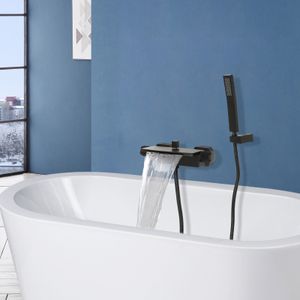 Wasserfall Badewannenarmatur mit Handbrause Dusch Set Wand Wasserhahn (schwarz)