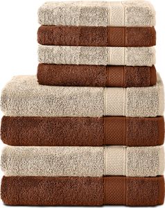 Komfortec 8er Handtuch Set aus 100% Baumwolle, 4 Badetücher 70x140 und 4 Handtücher 50x100 cm, Frottee, Weich, Groß, Schoco Braun/Beige