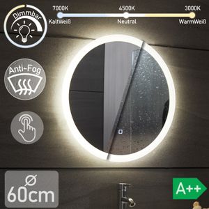 Aquamarin® LED Badspiegel - Ø60 cm, Rund, Beschlagfrei, Dimmbar, Energiesparend, mit Touch, 3000-7000K - Badezimmerspiegel, LED Spiegel, Lichtspiegel