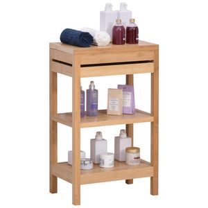 HOMCOM Badregal, Badzimmerregal mit Klappdeckel, Badezimmer Standregal mit 2 Ablagen, Bambus, Natur, 46 x 29,5 x 76,5 cm