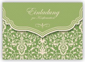 4x Wunderschöne Einladungskarte mit Vintage Damast Muster in Frühlings grün für junge Damen: Einladung zur Konfirmation