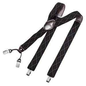 DonDon Herren Hosenträger 3,5 cm breit 4 Clips mit braunem Leder in Y-Form elastisch und längenverstellbar - kariert schwarz