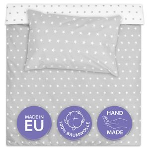 Baby Bettwäsche Set 100 x 135 cm - Kinderbettwäsche Babybettwäsche mit Kissenbezug 60x40 aus Baumwolle Weiß mit Grauen Sternen