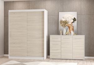 2er-Set Schwebetürenschrank Schrank Kleiderschrank mit Zierleisten Weiß/Sonoma 150cm Vista 06 mit Kommode 135cm FRIDA 01 2er-Set Schwebetürenschrank Schrank Kleiderschrank mit Zierleisten Weiß/Sonoma 150cm Vista 06 mit Kommode 135cm FRIDA 01