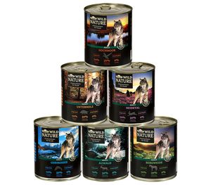Dehner Wild Nature Hundefutter Probier-Set, Nassfutter getreidefrei / zuckerfrei, für ausgewachsene Hunde, Ente / Pferd / Wild / Kaninchen, 6 x 800 g Dose (4.8 kg)