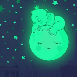 GKA Kinder Baby Nachtleuchtend Wandtattoo Elefant Mond Sterne GK28 Wandsticker Kinderzimmer Wandaufkleber fluoreszierend Aufkleber leuchten im Dunkeln