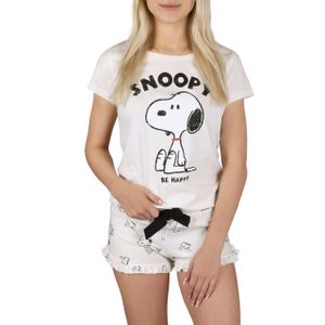 Snoopy Peanuts Ecru Sommer-Kurzarm-Damenpyjama, Baumwolle, Rüschen L