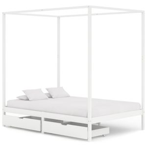 Schlafzimmermöbel - ELEGANTE - Bettrahmen - Himmelbett-Gestell 2 Schubladen Weiß Kiefernholz für 140x200cm Matratze&52251