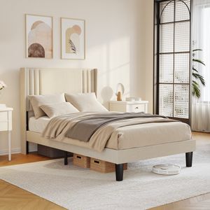 Čalúnená posteľ Bealife BF45, jednolôžková posteľ, rám jednolôžkovej postele s krídlovým čelom, 208 x 120 x 122 cm, čalúnená posteľ s modernou platformou, béžová
