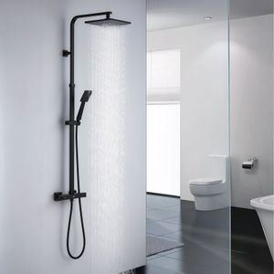 Auralum Schwarz Duschsystem mit Thermostat, Duscharmatur Duschset mit Regendusche, Handbrause und höhenverstellbar Duschstange