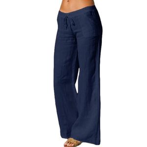 Frauen einfarbige Taschen Kordelzug elastisch breites Bein lange Hose Yogahose dunkelblau XXXL