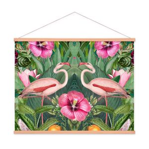 Stoffbild Kakemono mit Posterleisten Holz Natur Blumen Vogel Grün Flamingo Blume, Größe: 35 x 35 cm