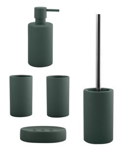 spirella Badezimmer Set, 5-teiliges Badzubehör aus Keramik Tube, Seifenspender, WC Bürste, Seifenschale und 2x Zahnputzbecher Dunkelgrün matt