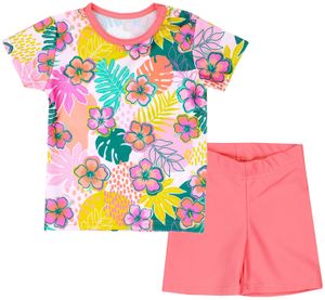 Aquarti Baby Mädchen Zweiteiler Kinder Badeanzug Bade-Set Bade T-Shirt Badehose UV-Schutz, Farbe: Blumen Orange / Rosa / Blau, Größe: 86