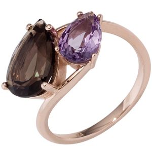 JOBO Damen Ring 585 Gold Rotgold 1 Rauchquarz braun 1 Amethyst lila violett Goldring Größe 52