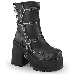 ASSAULT-66 DemoniaCult Dámské kotníkové boty na vysokém podpatku Cage Chain Detail Black Leather Look