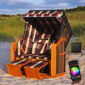 RGB Strandkorb XXL inkl. Abdeckcover LED Luxus Volllieger Gartenliege Ostsee + 4 Kissen, Klapptische, Zeitungsfächer