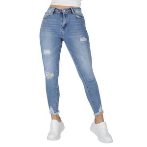 VAN HILL Damen Secret Denim Jeans Skinny Fit Destroyed Look Fransen Hose 837346, Farbe: Hellblau, Größe: 42